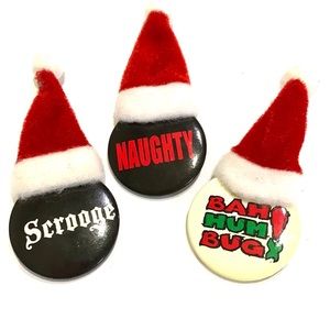 Lot 3 Christmas Buttons Pins With Santa Hat Scrooge Naughty Bah Hum Bug!